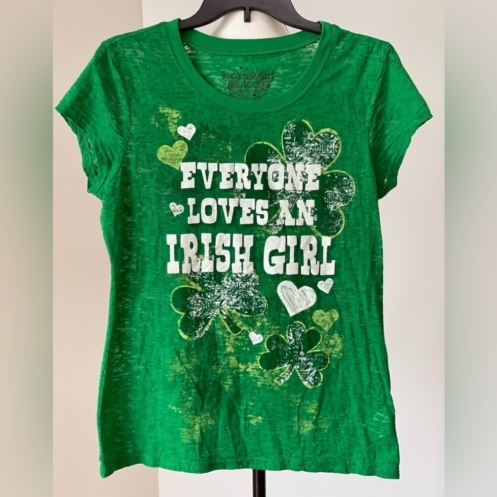 Rocker Girl Burnt out cap sleeve St. Patrick day shamrock Irish Tee Shirt Jr XXL